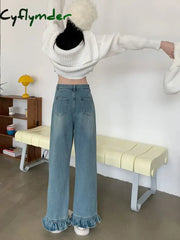 Cyflymder Fashion Ruffle Jeans Women Wide Leg Pants Jeans Retro Chic Korean Version of High-waisted Jeans Kawaii Y2K
