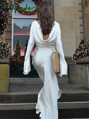 Cyflymder Fashion Satin Backless Long Dress For Women Slim Solid Patchwork High Waist Split Sleeve