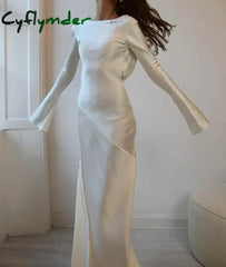 Cyflymder Fashion Satin Backless Long Dress For Women Slim Solid Patchwork High Waist Split Sleeve