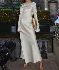 Cyflymder Fashion Satin Backless Long Dress For Women Slim Solid Patchwork High Waist Split Sleeve