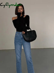 Fashion Skew Collar Off-shoulder Long-sleeved T-shirts Women Spring New Solid Slim Fit Crop Top Sexy Hollow Out Tees Shirts Cyflymder