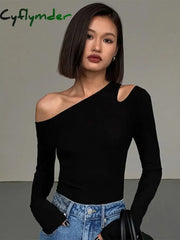Fashion Skew Collar Off-shoulder Long-sleeved T-shirts Women Spring New Solid Slim Fit Crop Top Sexy Hollow Out Tees Shirts Cyflymder