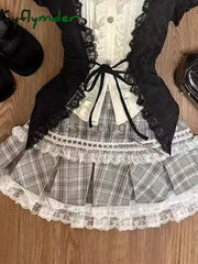 Cyflymder Fashion Sweet Slim Short Sleeve 2 Piece Set Women Design Chic Lapel Bow Patchwork Tops + High Waist Thin