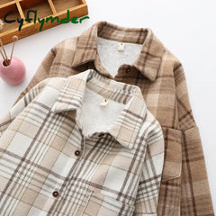 Cyflymder Fashion Thick Velvet Plaid Shirts Women Autumn Winter Keep Warm Blouses and Tops New Casual Slim Female