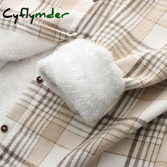 Cyflymder Fashion Thick Velvet Plaid Shirts Women Autumn Winter Keep Warm Blouses and Tops New Casual Slim Female