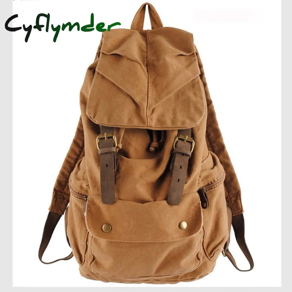Cyflymder Fashion Vintage Leather Military Canvas Backpack Men’s School Bag Drawstring Women