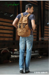 Cyflymder Fashion Vintage Leather Military Canvas Backpack Men’s School Bag Drawstring Women