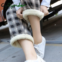 Cyflymder Fashion Warm Plush Pants Lamb Fleece Thick Plaid Women Winter Casual Loose Wide Leg