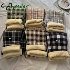 Cyflymder Fashion Warm Plush Pants Lamb Fleece Thick Plaid Women Winter Casual Loose Wide Leg