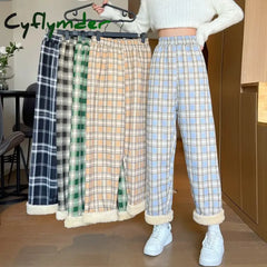 Cyflymder Fashion Warm Plush Pants Lamb Fleece Thick Plaid Women Winter Casual Loose Wide Leg