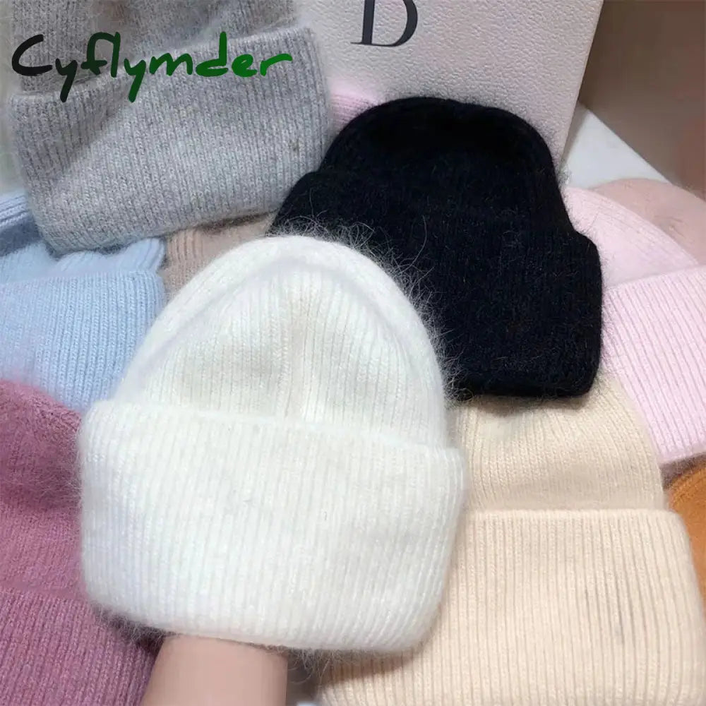 Cyflymder Fashion Warm Skullies Angola Rabbit Fur Winter Knitted Beanies Women Cap Female Ski Outdoor Warm Cashmere
