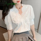 Cyflymder Fashion Woman Cotton Lace Embroidery Hollow Out Blouse Stylish Elegant White Shirts Vintage Blusas Half