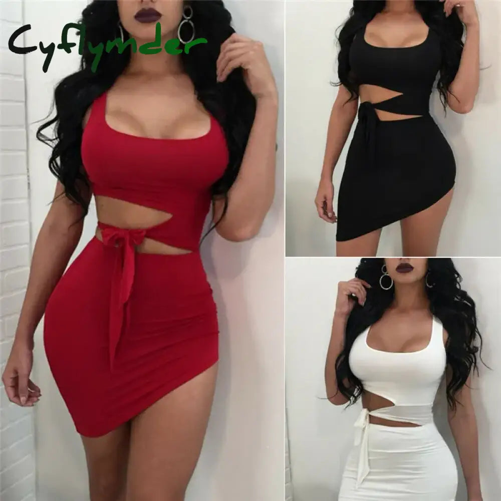 Cyflymder Fashion Women Sexy O-Neck Hypotenuse Dress Hollow Out High Waist Package Hip Evening