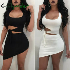 Cyflymder Fashion Women Sexy O-Neck Hypotenuse Dress Hollow Out High Waist Package Hip Evening