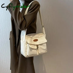 Cyflymder Fashion Women Shoulder Bag Trendy Canvas School Bags For Girls Multiple Pockets Travel