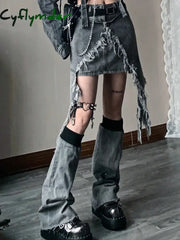 Fashion Women Skirt Set Mini Short Denim Skirt Waist Cape Chain Belt Leg Warmers Grunge Y2K Vintage Streetwear Cyflymder