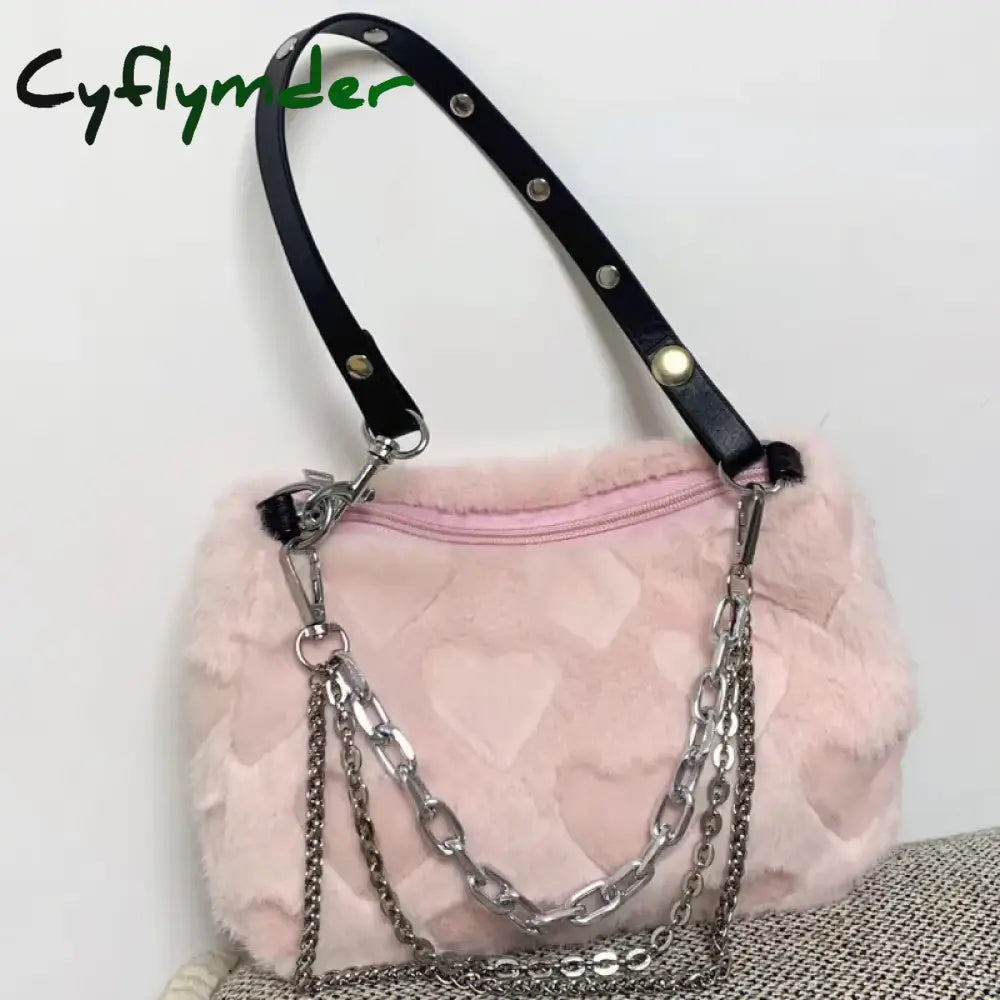 Cyflymder Fashion Women’s Chains Shoulder Bag Love Heart Ladies Soft Plush Crossbody Bags Faux