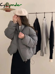 Cyflymder Fashion Zipper Cropped Jacket Women Winter Warm Casual Loose Puff Cotton Coats Streetwear Korean Drawstring