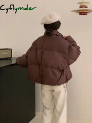 Cyflymder Fashion Zipper Cropped Jacket Women Winter Warm Casual Loose Puff Cotton Coats Streetwear Korean Drawstring