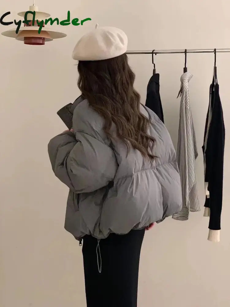 Cyflymder Fashion Zipper Cropped Jacket Women Winter Warm Casual Loose Puff Cotton Coats Streetwear Korean Drawstring