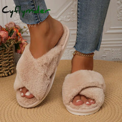 Cyflymder Faux Fur Corss Band Fuzzy Slippers Women Winter Warm Plush Indoor Fluffy Shoes Woman Soft Sole Open Toe Home