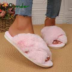 Cyflymder Faux Fur Corss Band Fuzzy Slippers Women Winter Warm Plush Indoor Fluffy Shoes Woman Soft Sole Open Toe Home