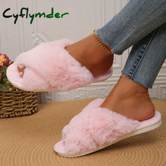 Cyflymder Faux Fur Corss Band Fuzzy Slippers Women Winter Warm Plush Indoor Fluffy Shoes Woman Soft Sole Open Toe Home