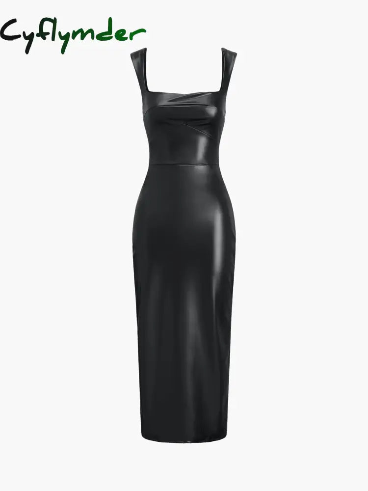 Cyflymder - Faux Leather Bodycon Midi Dress Black / Xs Dresses