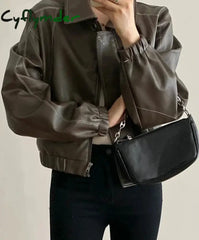 Faux Leather Jacket for Women Zippers Turn-down Collar Casual Coat Autumn 2024 Fashion Single Breasted Female Jacket Cyflymder