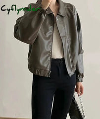 Faux Leather Jacket for Women Zippers Turn-down Collar Casual Coat Autumn 2024 Fashion Single Breasted Female Jacket Cyflymder