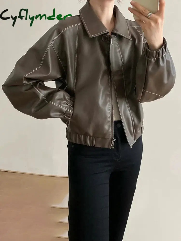 Faux Leather Jacket for Women Zippers Turn-down Collar Casual Coat Autumn 2024 Fashion Single Breasted Female Jacket Cyflymder