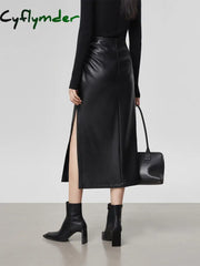 Cyflymder- Faux Leather Ruched Slit Midi Skirt Skirts