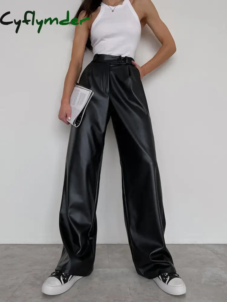Cyflymder- Faux Leather Wide Leg Pants Black / Xs
