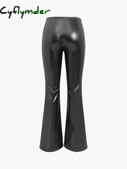 Cyflymder- Faux Leather Zippered Flare Pants