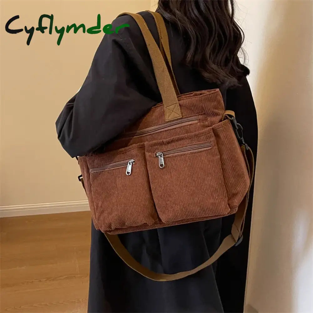 Cyflymder Female Large Capacity Corduroy Tote Bag New Korean Style Fashion Women Shoulder Crossbody Bag Worker Commuter