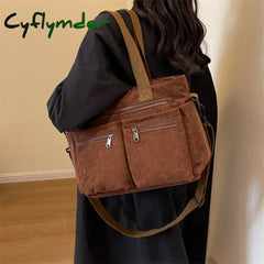 Cyflymder Female Large Capacity Corduroy Tote Bag New Korean Style Fashion Women Shoulder Crossbody Bag Worker Commuter