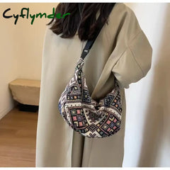 Cyflymder Female Shoulder Messenger Bag Trend Simple Zipper Handbags Ethnic Style Canvas Small Tote