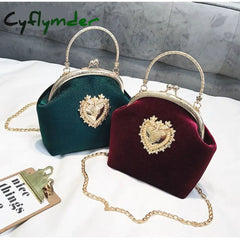 Cyflymder Female Velvet Pearl Handbag Vintage Velour Heart Design Evening Bag Wedding Christmas