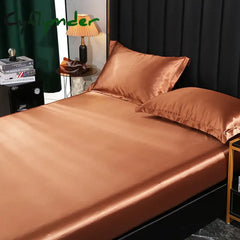 Cyflymder Fitted Sheet High-End Mattress Cover Solid Color Luxury Satin Fit Sheet Elastic Band Bed Sheet Double Queen