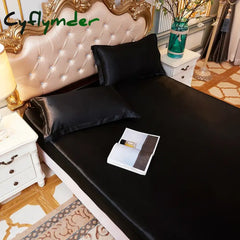 Cyflymder Fitted Sheet High-End Mattress Cover Solid Color Luxury Satin Fit Sheet Elastic Band Bed Sheet Double Queen