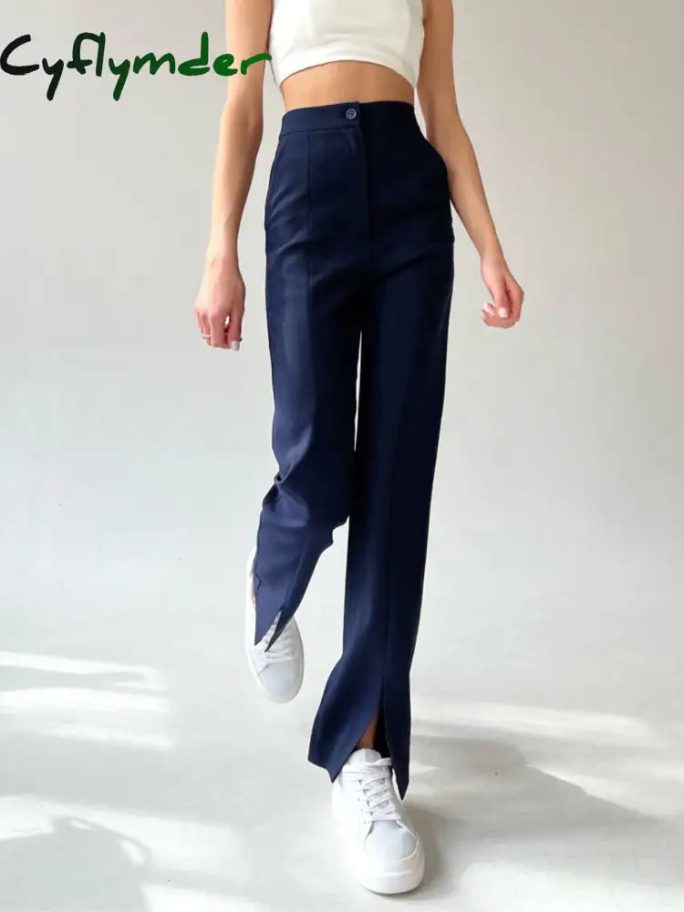 Cyflymder- Fitted Straight Leg Slit Pants Navy / Xs