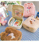 Cyflymder Flannel Bear Cosmetic Bag Cute Embroidery Plush Storage Kawaii Student Large Capacity