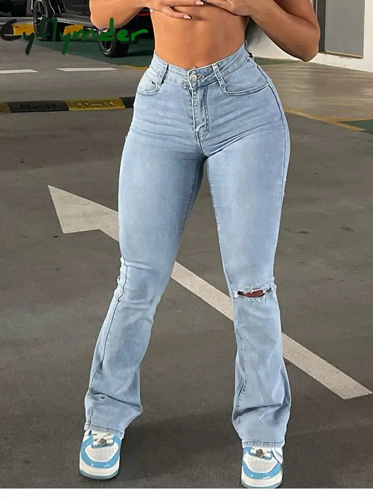 Flare Stretch Jeans High Waist Loose Comfortable Ripped Jeans Women Pants S