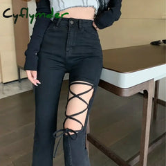 Cyflymder Flared Pants for Women Leggings Skinny Ripped Sexy Vintage Denim Women’s Summer Trousers Bell Bottom Jeans