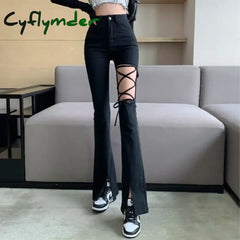 Cyflymder Flared Pants for Women Leggings Skinny Ripped Sexy Vintage Denim Women’s Summer Trousers Bell Bottom Jeans
