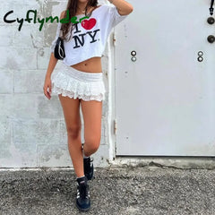 Cyflymder Floral Lace Mini Skirt 00S Fiaycore Kawaii Layered Ruffled Pleated Micro Beach Vacation