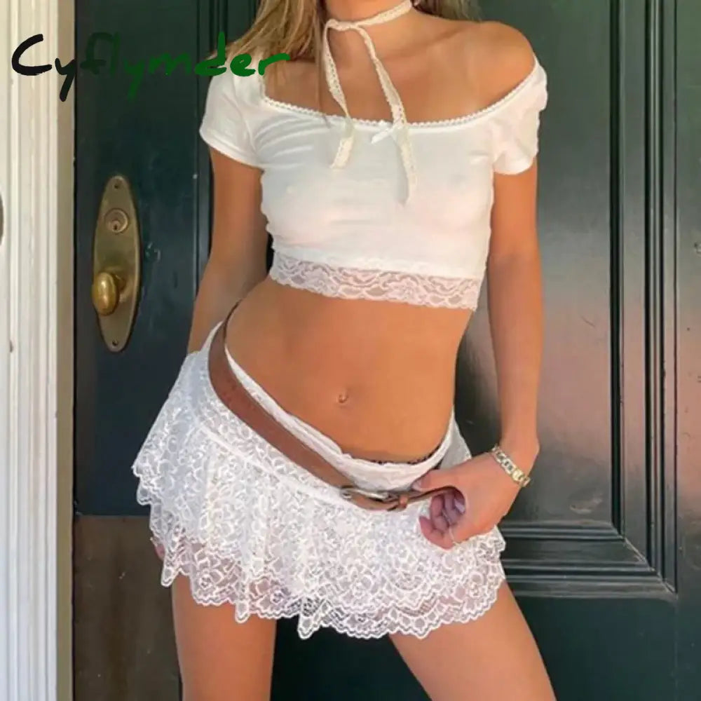 Cyflymder Floral Lace Mini Skirt 00S Fiaycore Kawaii Layered Ruffled Pleated Micro Beach Vacation