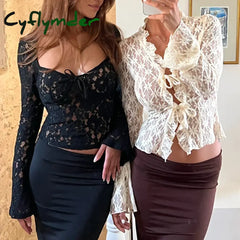 Cyflymder Floral Lace Sheer Crop Tops French Square Collar Long Sleeve Tees Chic Women Vintage Tie