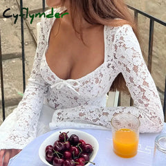 Cyflymder Floral Lace Sheer Crop Tops French Square Collar Long Sleeve Tees Chic Women Vintage Tie
