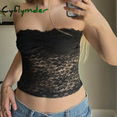 Cyflymder Floral Lace Sheer White Crop Tops Fairycore Y2K Chest Wrap Strapless Tube Bandeau 90S